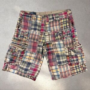 Vintage 90s Polo Ralph Lauren Patchwork Madras Cargo Shorts Men's 38 Paratrooper